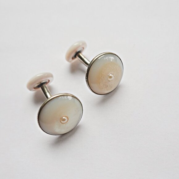 Antique Edwardian 800 Silver and Mother of Pearl Bean Back cufflinks. 1890-1915